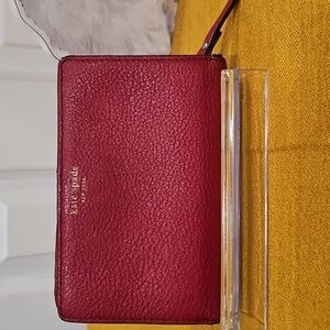Kate Spade Red Pebbled  Leather Wallet W/Black Storybook Lining
